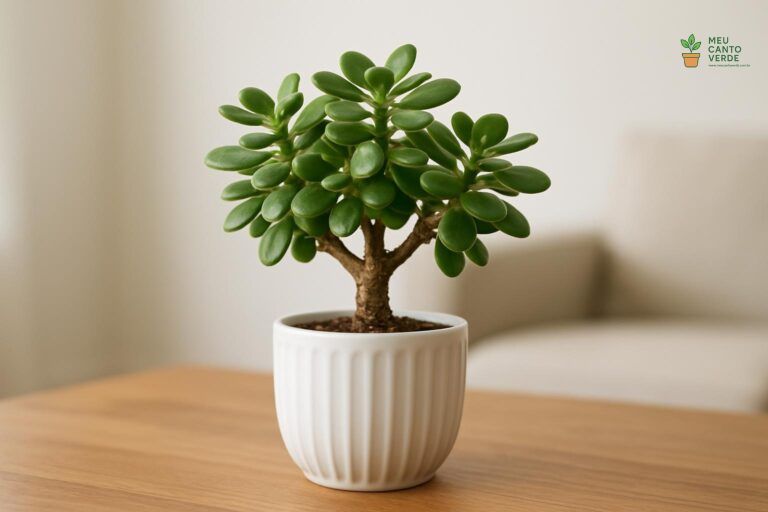 Planta-Jade em um vaso de cerâmica branco com listras verticais sobre uma mesa de madeira.