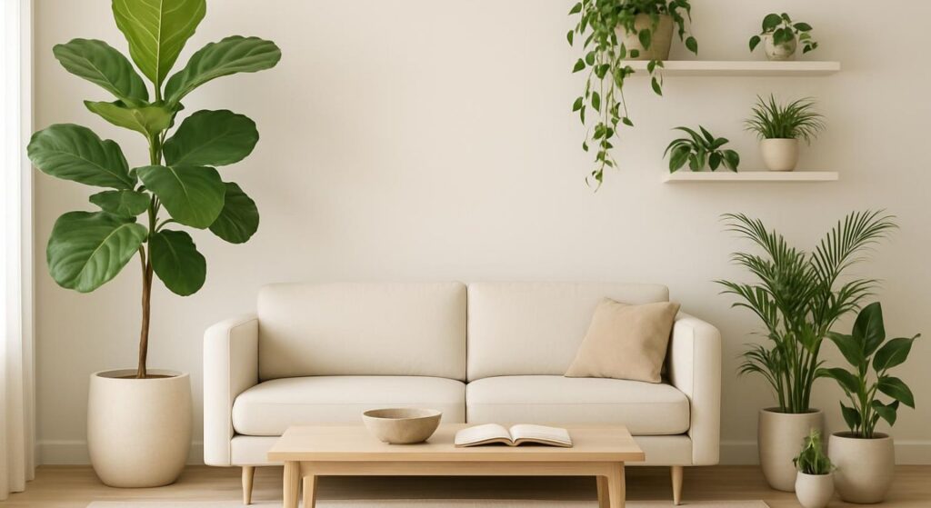 Sala de estar moderna e minimalista decorada com várias plantas de interior, incluindo uma Ficus Lyrata e Jiboias em prateleiras.
