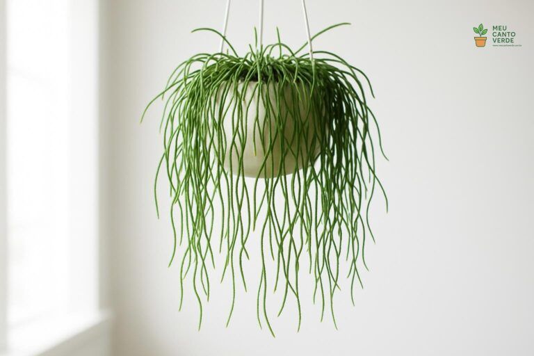 Cacto-Macarrão (Rhipsalis) em um vaso suspenso, com seus caules finos e longos que lembram macarrão caindo em cascata.