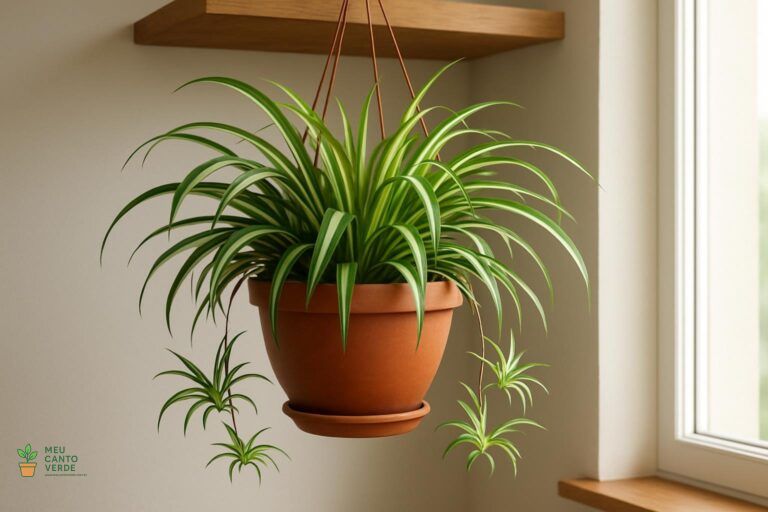 Planta Clorofito (Planta-Aranha) em um vaso de terracota suspenso, exibindo suas mudas.