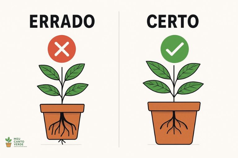 Comparativo entre um vaso pequeno demais, com raízes apertadas (errado), e um vaso de tamanho ideal, com espaço para as raízes crescerem (certo).