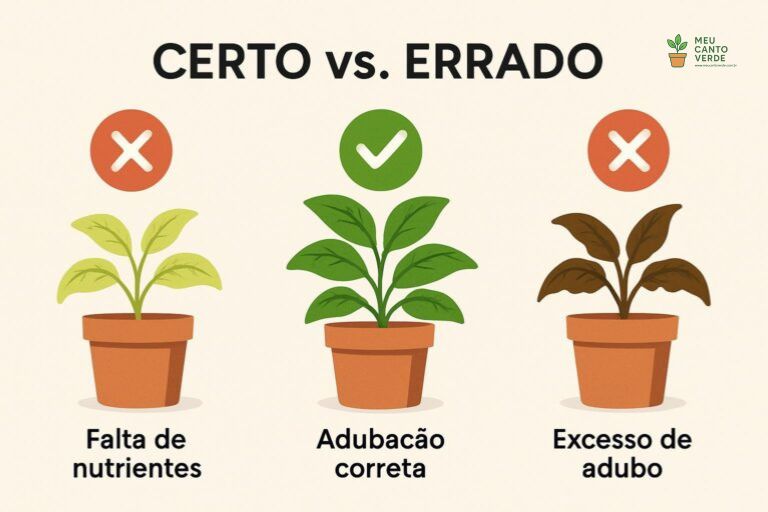Comparativo dos efeitos da adubação: planta amarelada por falta de nutrientes, planta verde com adubação correta e planta queimada por excesso de adubo.