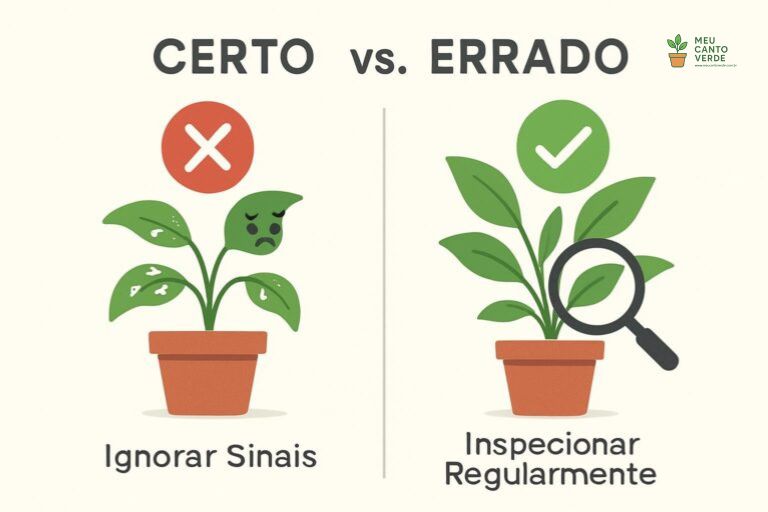 Infográfico comparando o erro de ignorar pragas em plantas com a solução de inspecionar as folhas regularmente com uma lupa para prevenção.