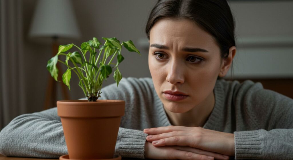 Mulher com expressão preocupada olhando para uma pequena planta murcha em um vaso de terracota.