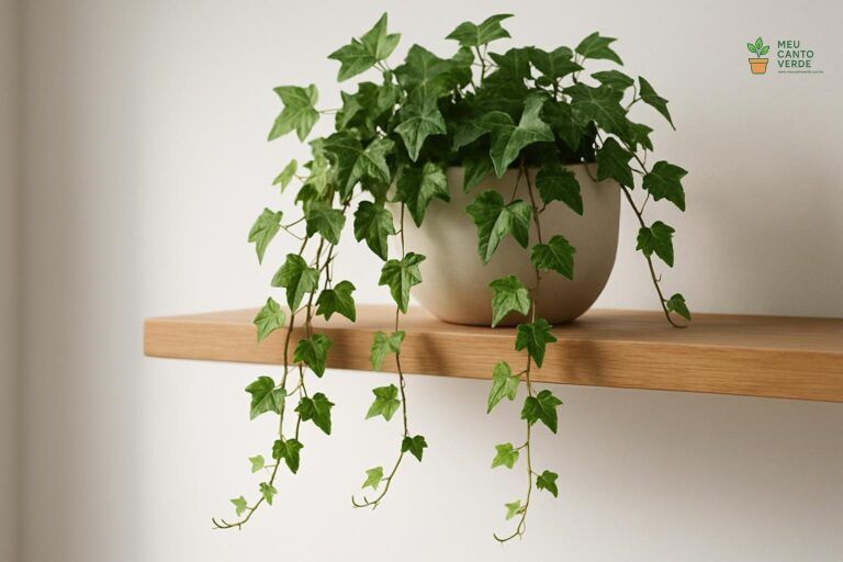 Planta Hera Inglesa com seus ramos em cascata caindo elegantemente de um vaso em uma prateleira de madeira perto de uma janela.