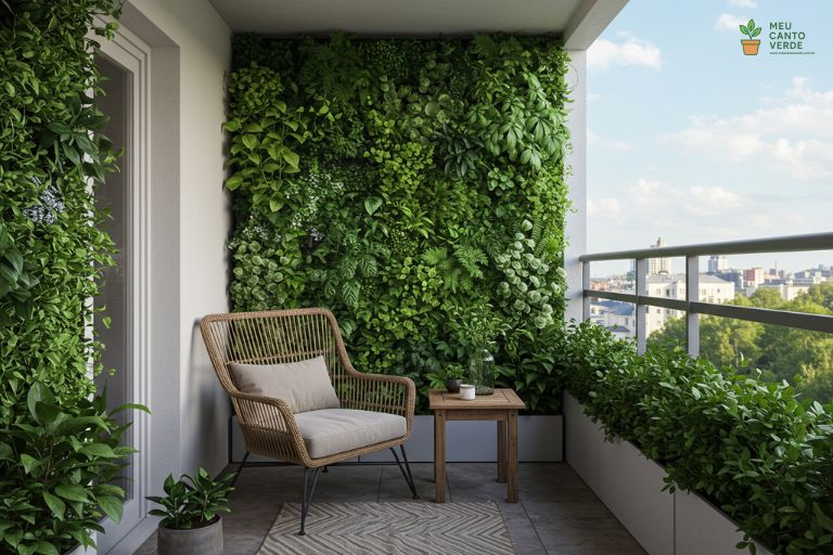 Varanda de apartamento decorada com um jardim vertical exuberante, uma poltrona de vime e outras plantas em vasos.