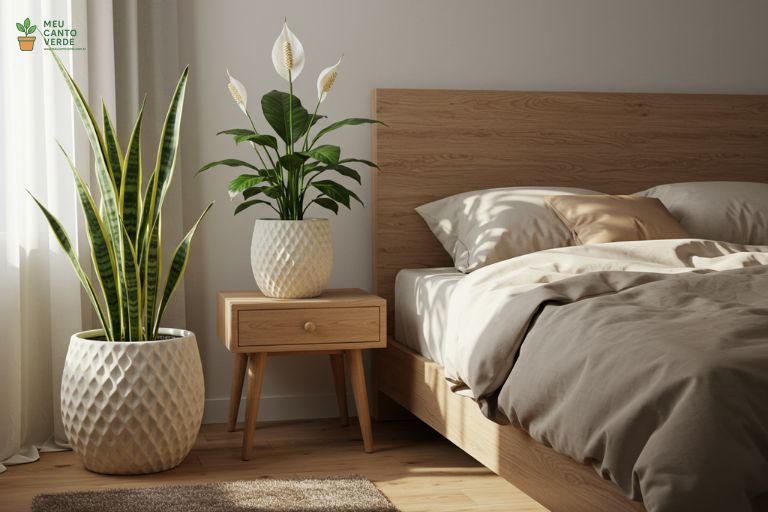 Quarto minimalista com cama de madeira, decorado com uma Espada-de-São-Jorge e um Lírio-da-Paz para criar um ambiente relaxante.
