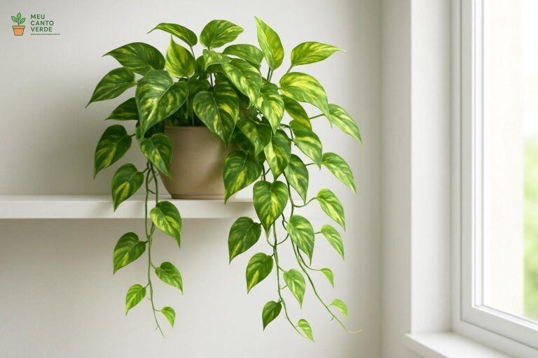 Planta Jiboia com folhas em cascata em um vaso suspenso bege, perto de uma janela.