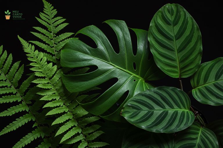 Composição de close-up mostrando folhas de plantas com texturas diferentes, incluindo uma folha de Costela de Adão, uma de Samambaia e uma de Calathea.