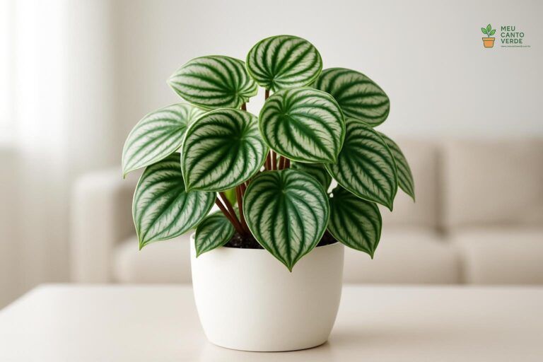 Close-up de uma planta Peperômia Melancia em um vaso branco, destacando suas folhas verdes com listras prateadas que lembram uma melancia.