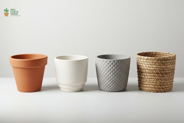 Coleção de quatro vasos para plantas de diferentes materiais: um de terracota, um de cerâmica branca, um de cimento cinza e um cesto de palha.