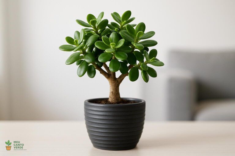 Planta-Jade (Crassula ovata) em um vaso de cerâmica preto com textura, parecendo uma pequena árvore.