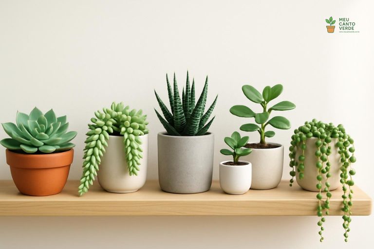 Coleção com cinco tipos de suculentas populares para iniciantes, incluindo Echeveria e Colar-de-pérolas, arranjadas em vasos numa prateleira de madeira.