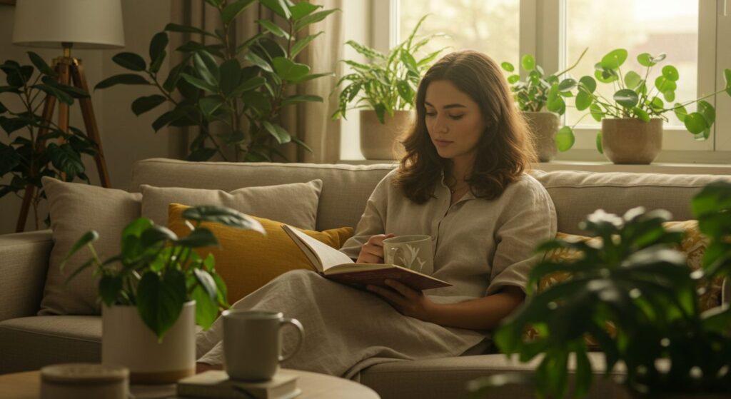 Clara relaxando em um sofá, lendo um livro, em uma sala de estar clara e arejada, cheia de plantas de interior.