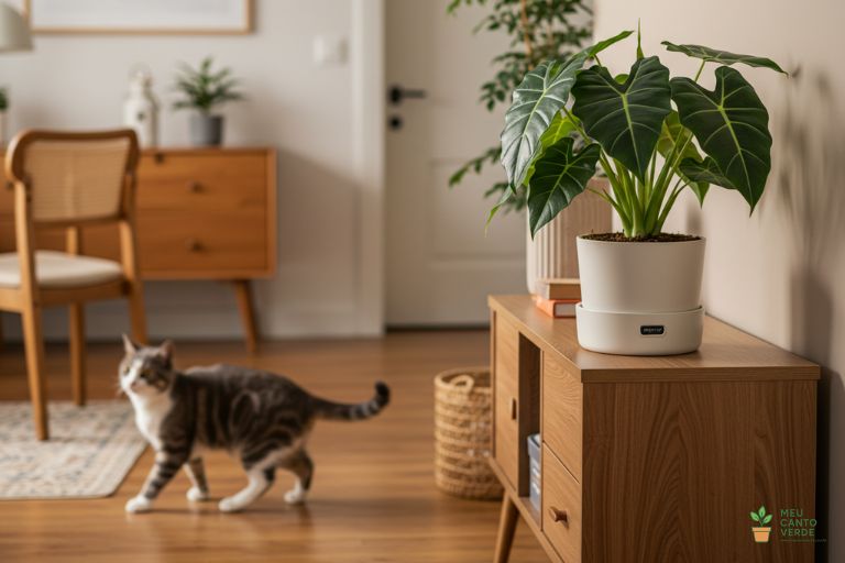 Alocasia posicionada em uma prateleira alta, em um local seguro e fora do alcance de um gato que está no chão.