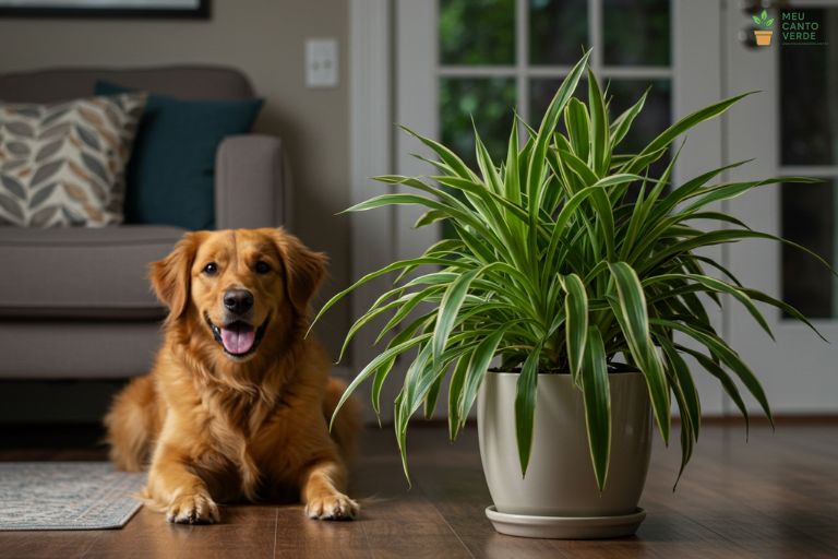 Um cachorro da raça Golden Retriever deitado tranquilamente ao lado de um vaso de Clorofito, mostrando a segurança da planta para pets.
