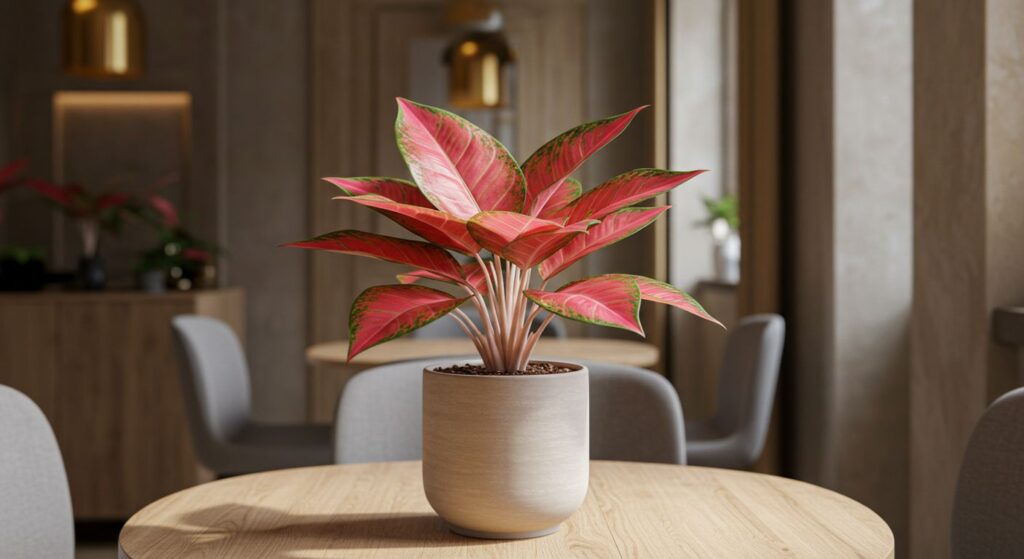 Aglaonema 'Red Valentine' deslumbrante, com suas folhas rosa e verdes em destaque, em um vaso de cerâmica minimalista.