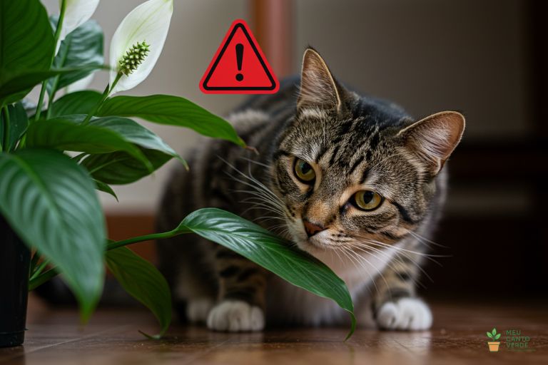 Imagem didática de um gato curioso cheirando perigosamente uma folha de Lírio-da-Paz, uma planta tóxica para pets.