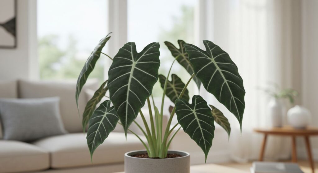 Alocasia 'Polly' exuberante, com suas folhas escuras e veios prateados em destaque, em um vaso elegante.