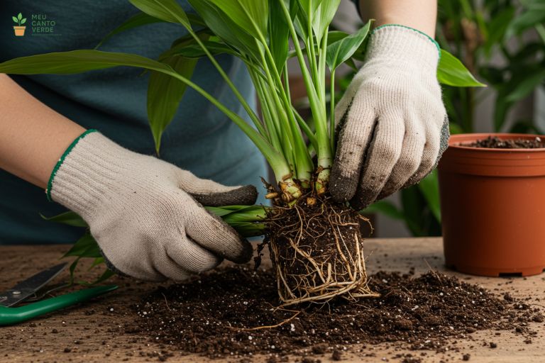 Mãos com luvas separando cuidadosamente a touceira de rizomas de uma Aspidistra durante o replantio.