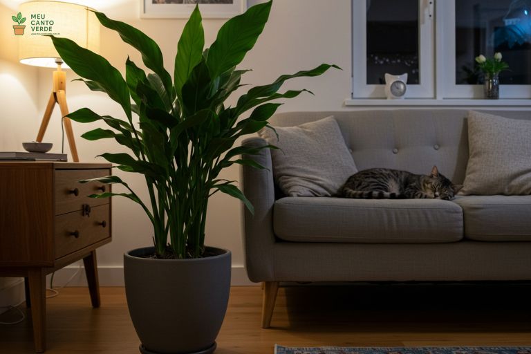Gato dormindo tranquilamente no sofá, com uma Aspidistra em um vaso no chão, mostrando a segurança da planta para pets.
