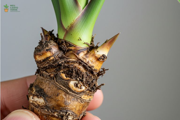 Imagem didática mostrando o rizoma de uma Aspidistra com partes escuras e moles, ilustrando o apodrecimento por excesso de água.