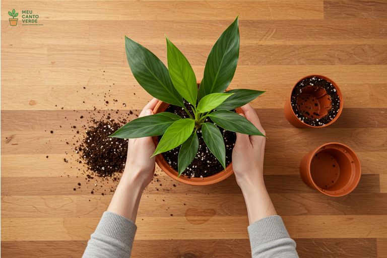 Mãos preparando um substrato simples e bem drenado para o plantio de uma Aspidistra.