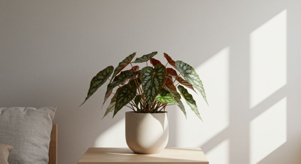 Begônia Maculata exuberante e saudável, sendo a peça central de uma decoração de interior elegante e minimalista.