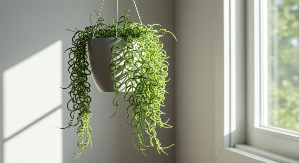 Cacto-Macarrão (Rhipsalis) exuberante, com seus caules finos e longos caindo em cascata de um vaso suspenso.