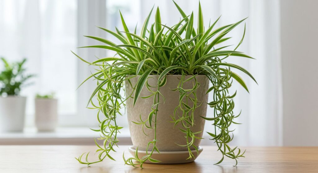 Planta Clorofito (Planta-Aranha) exuberante em um vaso de cerâmica, com vários 'filhotes' pendurados em cascata em um ambiente claro.