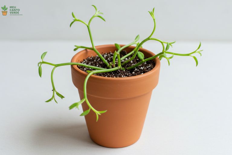 Um pequeno vaso com várias estacas de Cacto-Macarrão recém-plantadas.