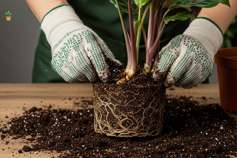 Mãos com luvas separando cuidadosamente a touceira de uma Calathea, mostrando os rizomas e as raízes.