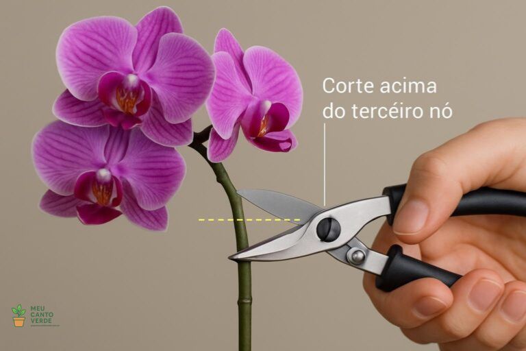 Close-up de uma mão com tesoura de poda mostrando o local exato do corte na haste floral de uma orquídea, acima do terceiro nó.