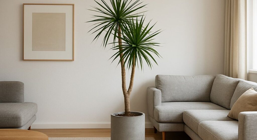 Dracena Marginata alta e saudável, com seu tronco fino e elegante, em um vaso de cimento, como ponto de destaque em uma sala de estar moderna.