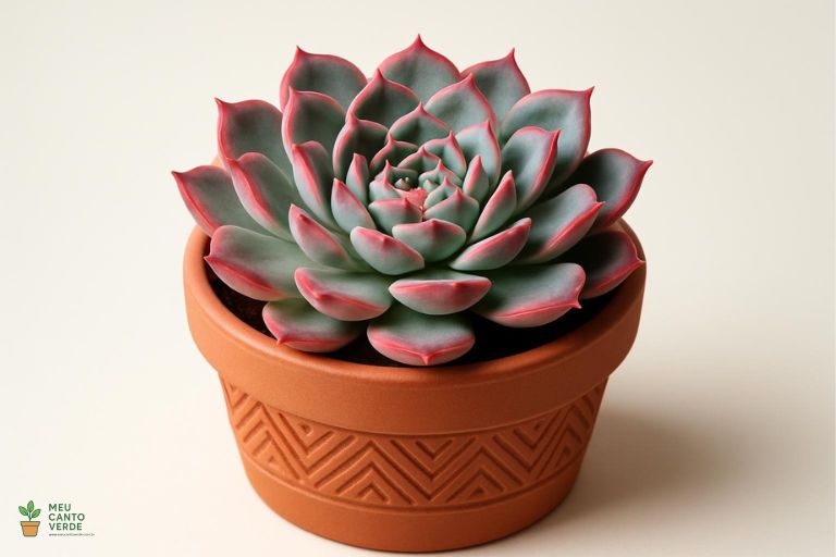 Close-up de uma suculenta Echeveria com pontas vermelhas em um vaso de terracota decorado.