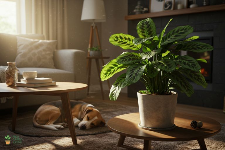 Cachorro dormindo tranquilamente no chão de uma sala, próximo a uma Maranta, mostrando a segurança da planta para pets.