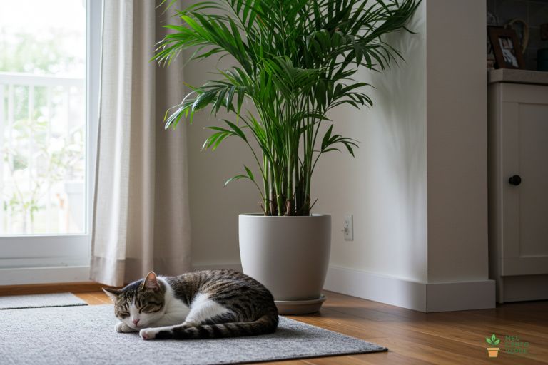 Gato dormindo tranquilamente no chão de uma sala, com uma Palmeira Areca posicionada em segurança ao fundo.