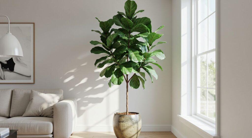Ficus Lyrata alto e exuberante, com folhas grandes e saudáveis, como ponto focal de uma sala de estar moderna e bem iluminada.