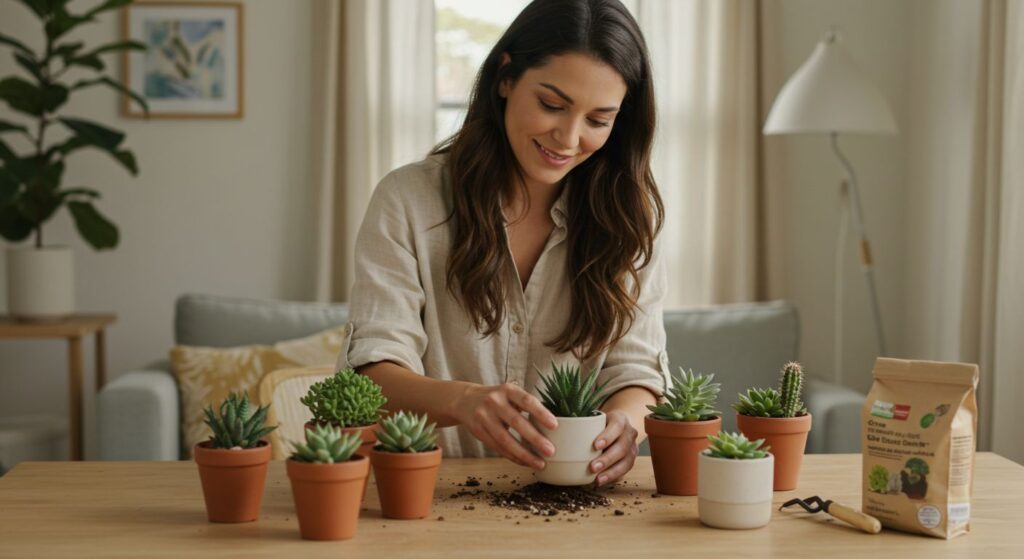 Clara Verde, especialista em plantas de interior, sorrindo enquanto organiza sua coleção de suculentas em vasos de cerâmica sobre uma mesa de madeira.