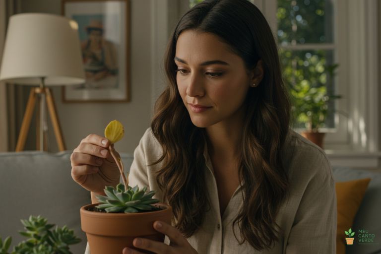 Clara, autora do blog Meu Canto Verde, inspecionando de perto uma suculenta em um vaso de terracota para diagnosticar a causa de uma folha amarela.