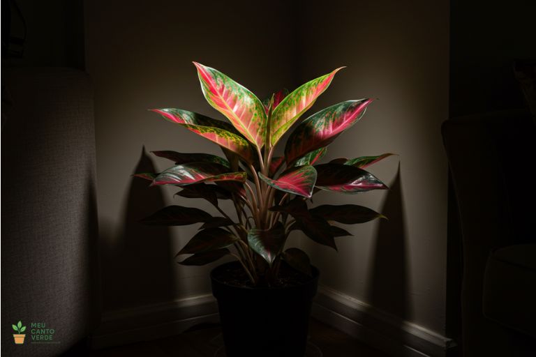 Uma Aglaonema saudável e colorida em um canto elegante de uma sala com baixa luminosidade, provando seu valor decorativo.
