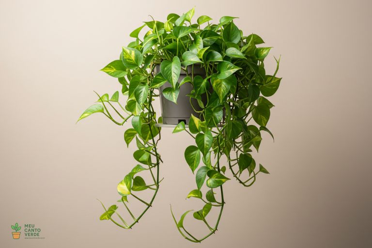 Planta Jiboia (Pothos) com suas folhas em cascata, ideal para prateleiras em locais de sombra.