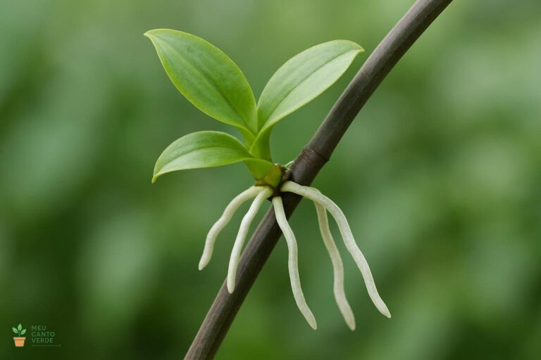 Imagem de um 'keiki' (pequena muda com folhas e raízes) crescendo a partir de um nó na haste floral de uma orquídea.