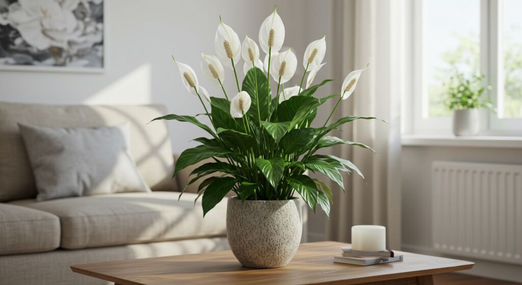 Lírio-da-Paz exuberante e florido em um vaso de cerâmica elegante, decorando uma sala de estar clara.