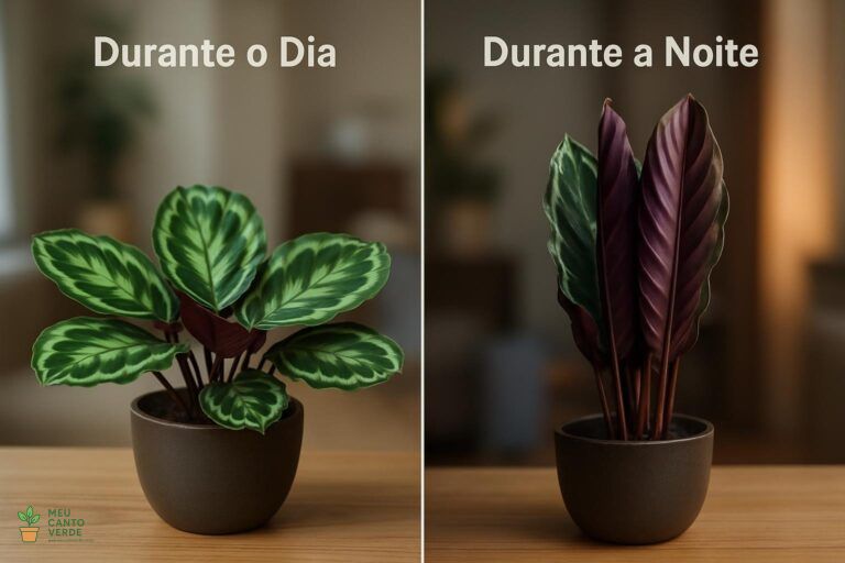 Imagem lado a lado mostrando uma Calathea com as folhas abertas durante o dia e fechadas para cima à noite.