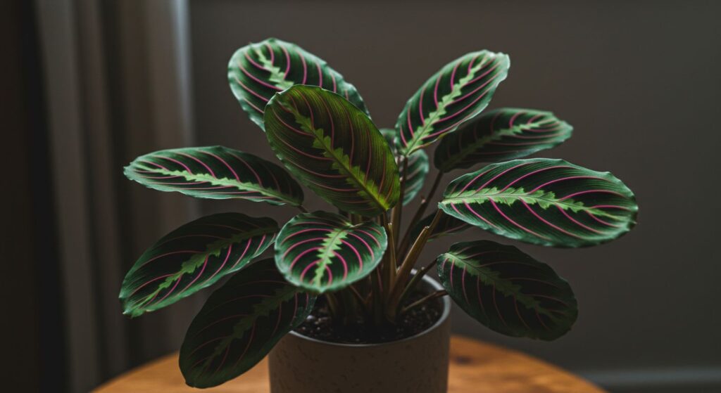Maranta 'Fascinator Tricolor' exuberante, com suas folhas aveludadas e veios rosa em destaque, em um vaso de cerâmica.