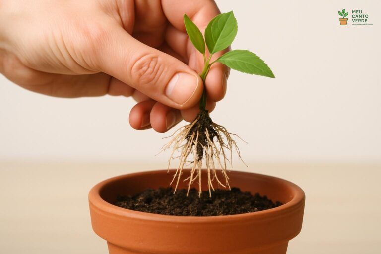 Mão segurando uma muda de planta com um sistema de raízes saudável, prestes a ser plantada em um pequeno vaso.