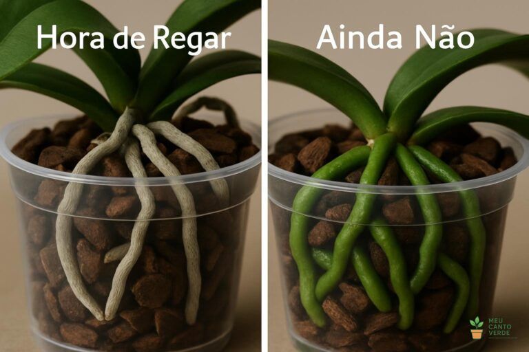 Imagem didática mostrando o interior de um vaso transparente, com um lado com raízes de orquídea prateadas (secas) e o outro lado com raízes verdes (úmidas).