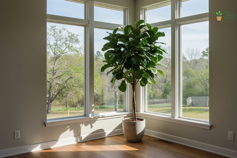 Ficus Lyrata posicionado em um local ideal e definitivo com muita luz indireta brilhante, simbolizando a estabilidade que a planta precisa.