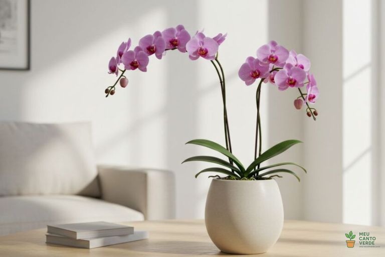Orquídea Phalaenopsis rosa e exuberante, uma flor elegante e pet-friendly.